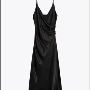 Zara Satin Wrap Draped Midi Dress Black Size S